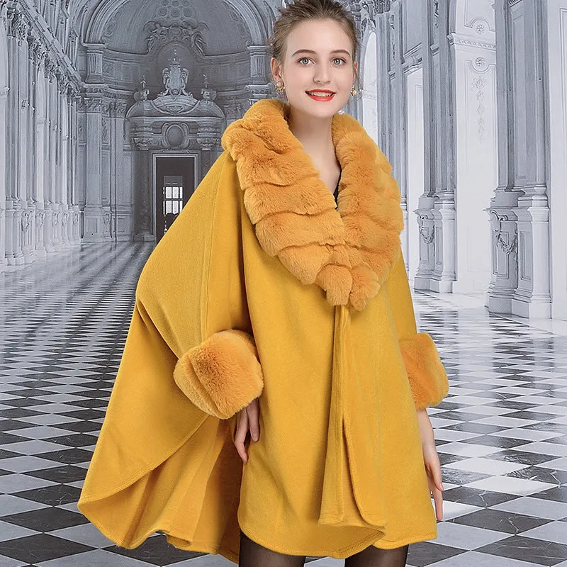 Women's Winter Thick Loose Poncho With Faux Rabbit Fur