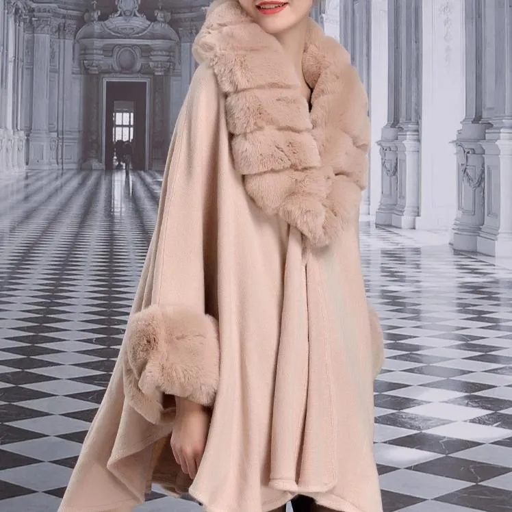 Women's Winter Thick Loose Poncho With Faux Rabbit Fur