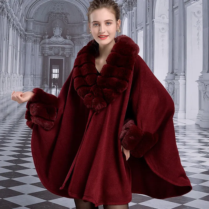 Women's Winter Thick Loose Poncho With Faux Rabbit Fur