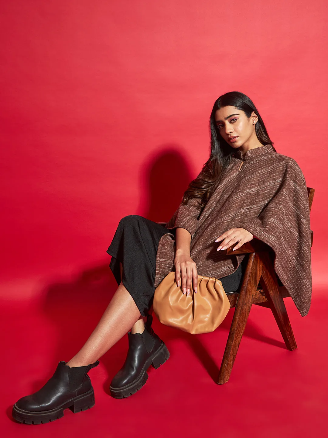 Woven Striped Cashmelon thick Poncho for Women with Mandarin Collar and Lining | Brown