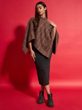 Woven Striped Cashmelon thick Poncho for Women with Mandarin Collar and Lining | Brown