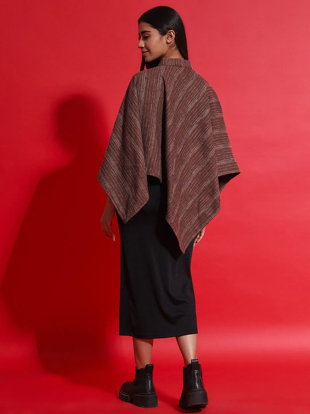 Woven Striped Cashmelon thick Poncho for Women with Mandarin Collar and Lining | Brown