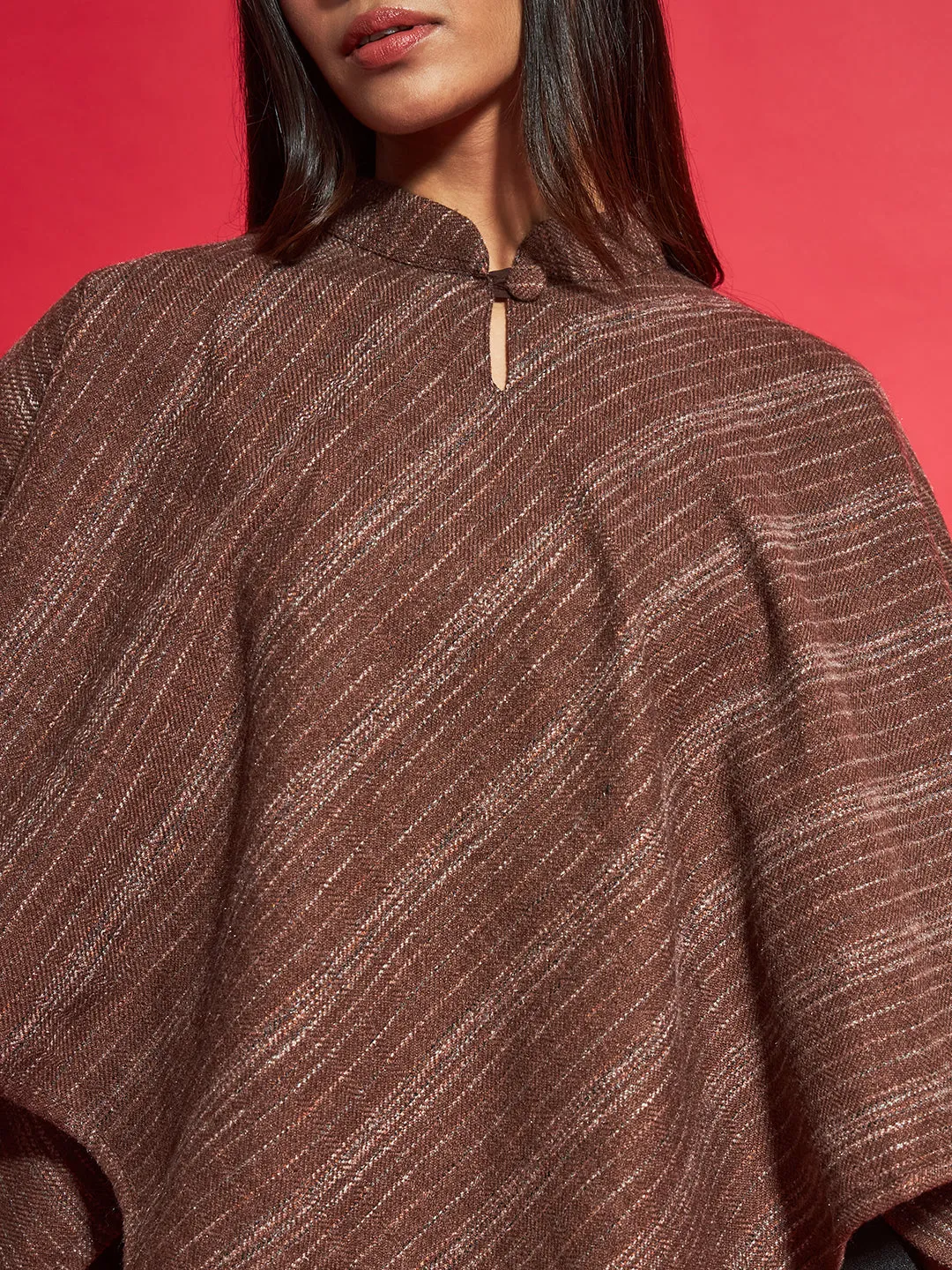 Woven Striped Cashmelon thick Poncho for Women with Mandarin Collar and Lining | Brown