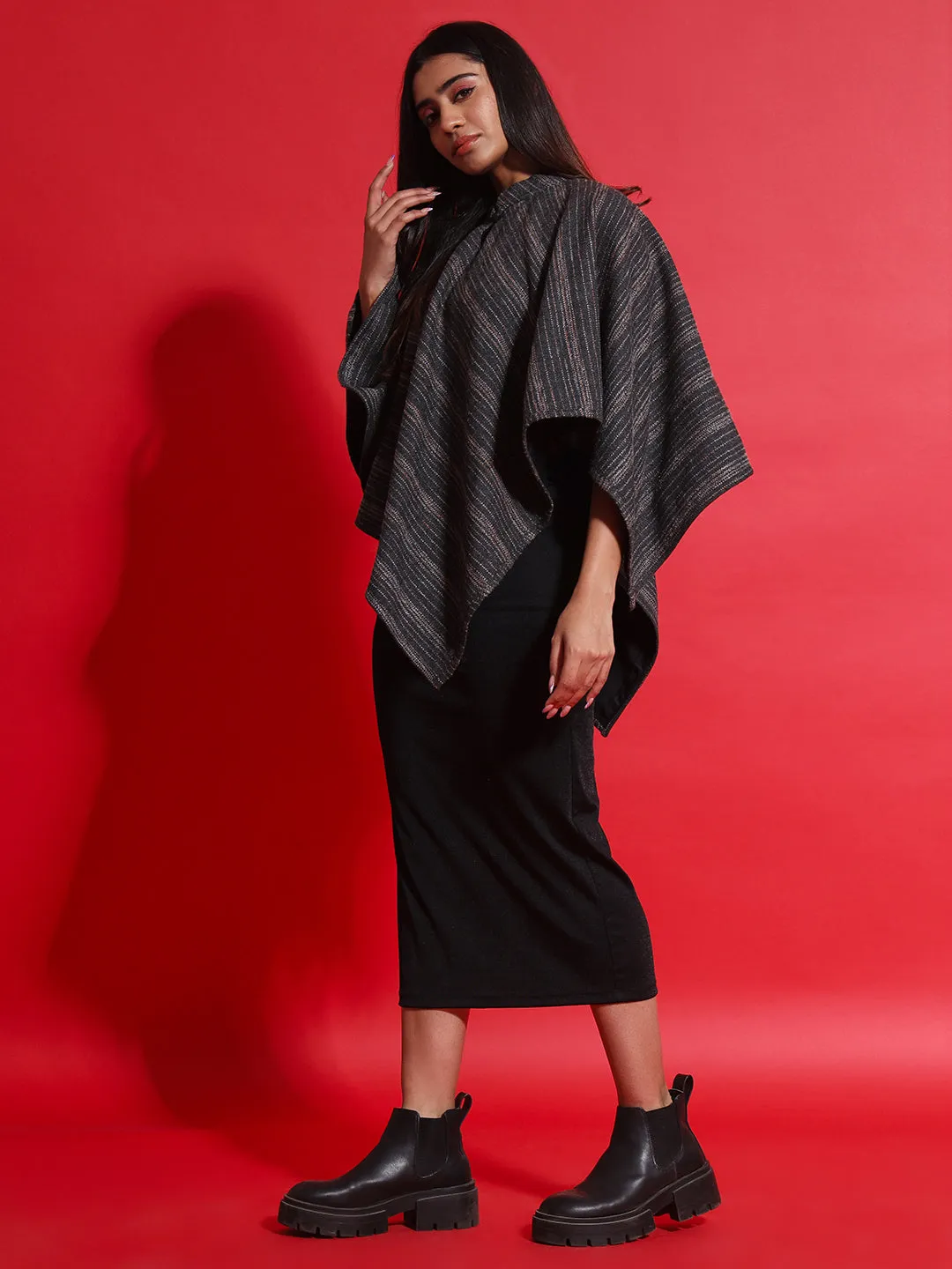 Woven Striped Cashmelon thick Poncho for Women with Mandarin Collar and Lining | Grey