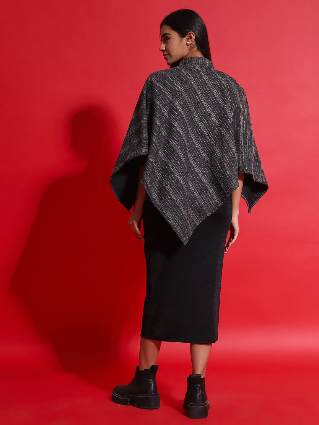 Woven Striped Cashmelon thick Poncho for Women with Mandarin Collar and Lining | Grey