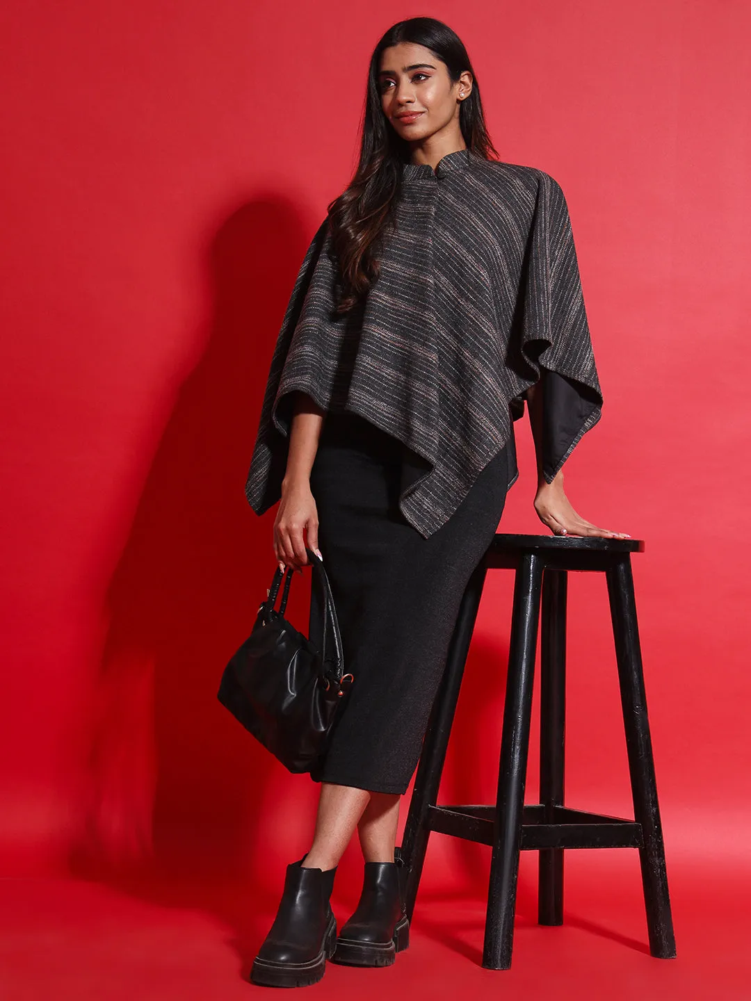 Woven Striped Cashmelon thick Poncho for Women with Mandarin Collar and Lining | Grey